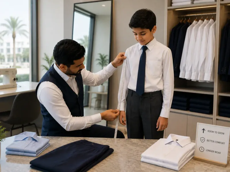 Off-the-rack school uniform being fitted with alterations in Kuwait
