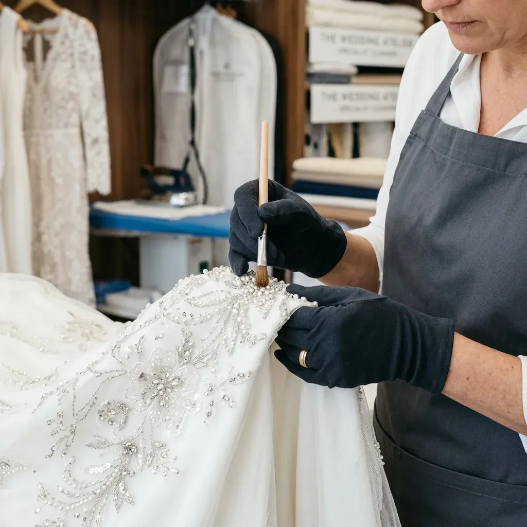 Specialist carefully examining a wedding gown's lace details
