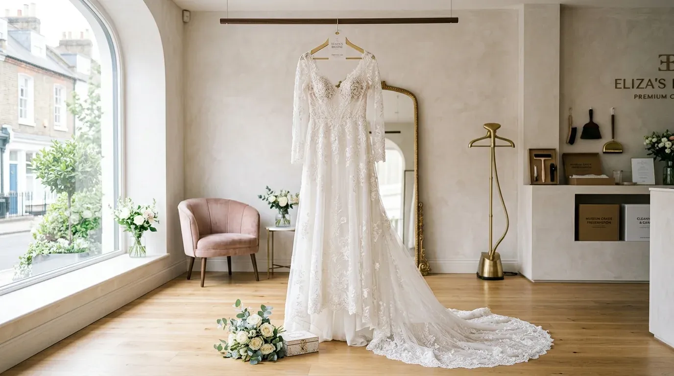 Master tailor inspecting a perfect white gown in a Kuwait City studio