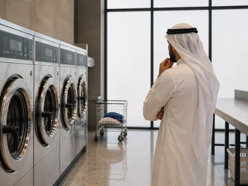 Empty laundromat concept contrasted with laundry pickup and delivery in Kuwait