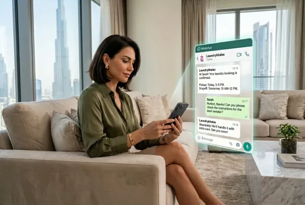 Laundrykhalas WhatsApp booking chat interface on smartphone